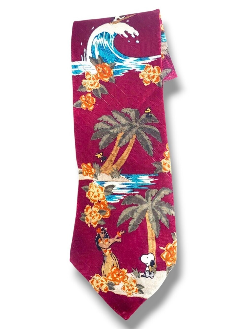 Vtg PEANUTS TIE SNOOPY & TWEETY IN HAWAII BURGUNDY SILK KITSCHY RETRO ALOHAInv